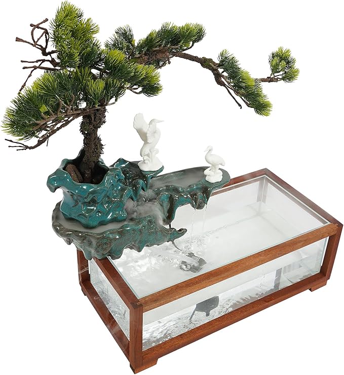 Antique-Style Tabletop Water Fountain with Fish Tank & Atomizer - Desktop Decor with Crane Statues, Simulated Pine, LED Light & Feng Shui Symbolism for Indoor Home/Office Decoration - Bloomnest
