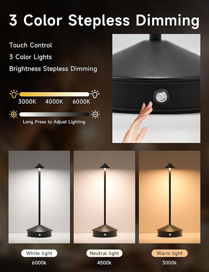 Cordless Table Lamps,LED Rechargeable Desk Lamp,Portable Modern USB Battery Operated Lights,Outdoor Waterproof Touch Dimmable,for Patio,Restaurant,Bar,Camping,Dining Home Set of 2 Black - Bloomnest