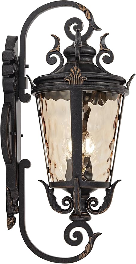 John Timberland Casa Marseille Vintage Outdoor Wall Light Fixture Veranda Bronze Scroll Frame 31" Champagne Hammered Glass for Exterior House Porch Patio Outside Deck Garage Yard Front Door - Bloomnest