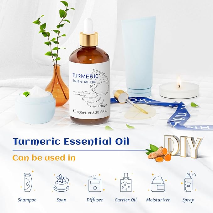 HIQILI 100ML Turmeric Oil for Face Skin Care, Aromatherapy,100% Pure, Use After Dilution- 3.38 Fl Oz - Bloomnest