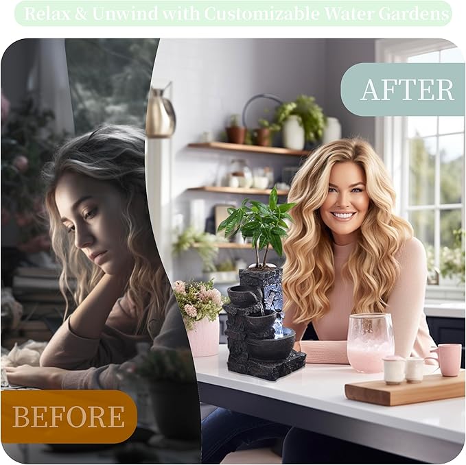 Indoor Tabletop Fountain Waterfall Meditation Exquisite Meditation Desk Water Decorative Zen Fountain Office and Home Decoration Grow Plant/Herbs by Yourself