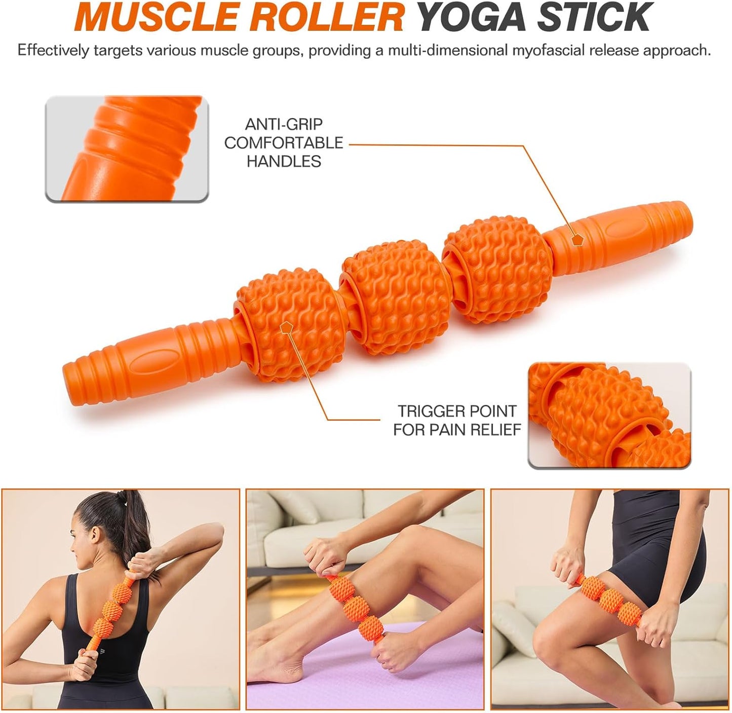 5 in 1 Foam Roller Set - Trigger Point Foam Back Roller, Muscle Roller Stick, Massage Ball, Stretching Band for Deep Muscle Massage Pilates Yoga,Fitness Exercise for Whole Body Release (Orange)