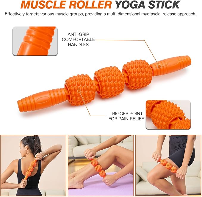 5 in 1 Foam Roller Set - Trigger Point Foam Back Roller, Muscle Roller Stick, Massage Ball, Stretching Band for Deep Muscle Massage Pilates Yoga,Fitness Exercise for Whole Body Release (Orange) - Bloomnest