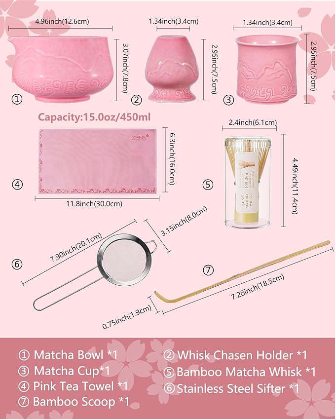 ZENS 7pcs Matcha Set, Matcha Whisk Set Includes Pink Bowl and Cup for Bamboo Whisk, (Chasen Holder), Scoop, 304 Sifter and Tea Mat, Pink Matcha Kit for Matcha Lovers - Bloomnest