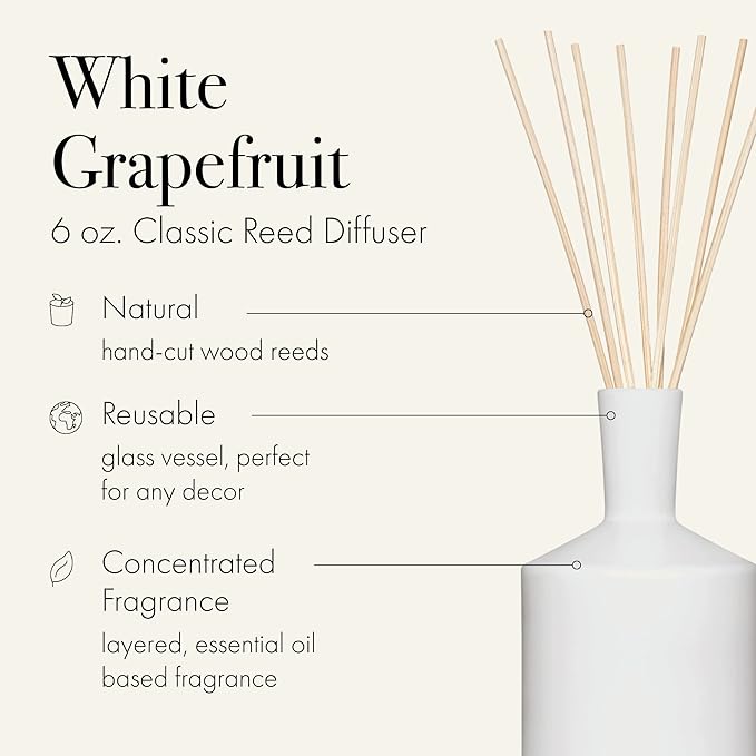 LAFCO New York Classic Reed Diffuser, White Grapefruit - 6 oz - Up to 3 Months Fragrance Life - Reusable Glass Vessel - Natural Wood Reeds - Made in The USA