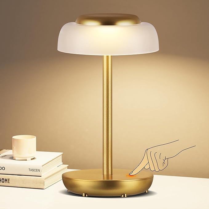 QiMH Battery Operated LED Table Lamp, 5000mAh Rechargeable Cordless Lamp, Stepless Dimmable Touch Control, Small Waterproof Desk Night Light for Living Room, Bedroom, Outdoor Bar (Gold) - Bloomnest
