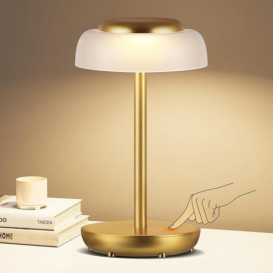 QiMH Battery Operated LED Table Lamp, 5000mAh Rechargeable Cordless Lamp, Stepless Dimmable Touch Control, Small Waterproof Desk Night Light for Living Room, Bedroom, Outdoor Bar (Gold) - Bloomnest