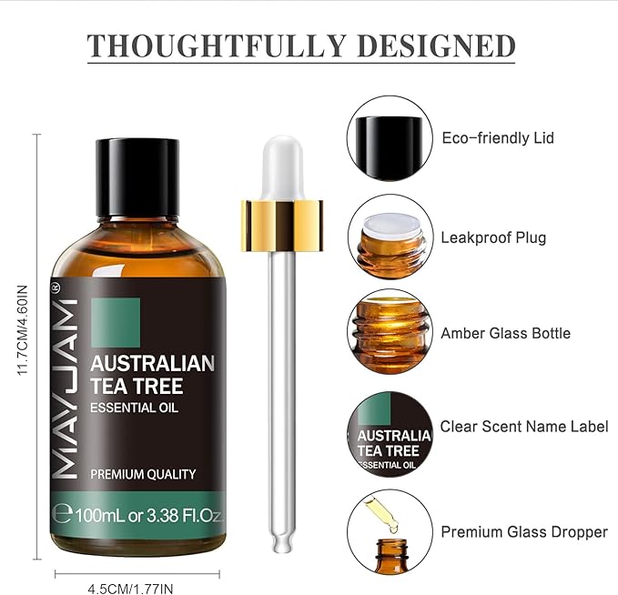 Australian Tea Tree Essential Oil, MAYJAM Pure Essential Oils for Diffusers, 3.38FL.OZ/100ML Large Volume Australian Tea Tree Oil with Premium Glass Dropper - Bloomnest