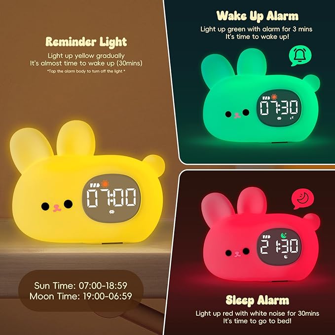 Bunny Alarm Clock with Night Light for Kids with Sleep Training and Sound Machine, Rechargeable Silicone Lamp OK to Wake Clock，Cute Animal Tabletop Lamp, Perfect Sleep Companion for Boys Girls - Bloomnest