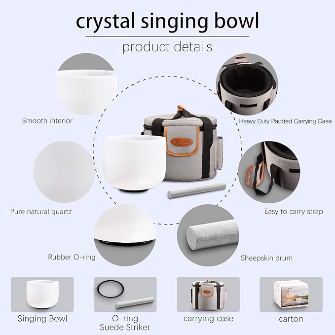 RYAN DVAN 8” F Note Frosted Heart Chakra Crystal Singing Bowl with Free Heavy-Duty Carrying Case and Suede Striker O-Ring - Bloomnest