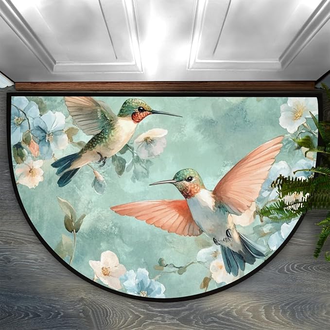 Half Round Door Mat, Teal Hummingbirds and Flowers Half Circle Rug for Home Decor Floor Indoor Outdoor Non-Slip Washable Half Moon Rug Doormat 36X24 Inch - Bloomnest