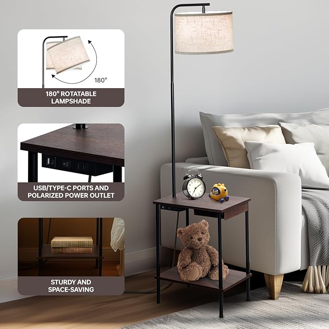 Floor Lamp with Table & Drawers, End Table Lamp with USB Charging Portt Power Outlet and Shelves, Side Table Reading Light with 3 Color Temperature Led Bulb Included for Living Room, Walnut - Bloomnest