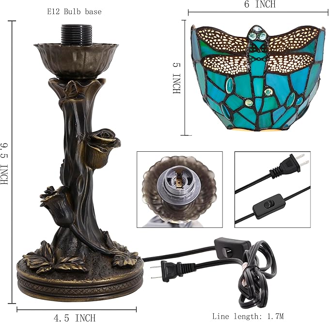 Small Tiffany Lamp Stained Glass Table Lamp Desk Uplight 6X6X13.5 Inch for Bedroom Bedside Office (Green Dragonfly) - Bloomnest