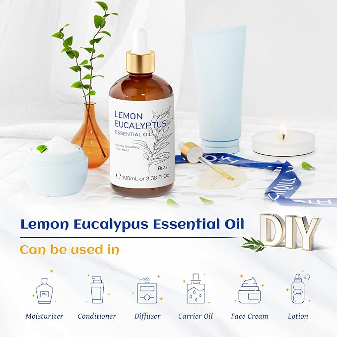 HIQILI Lemon Eucalyptus Oil, for Spary, Diffuser, Indoors, Outdoors, Garden, Yard, 100% Pure Natural - 3.38 Fl Oz - Bloomnest