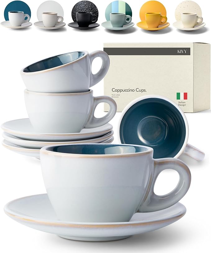 KIVY Cappuccino cups set of 4 [8oz] - Thick-walled stoneware cappuccino cup set for latte art - Latte mugs - Latte cups - Coffee mug - Latte art cup - Ceramic latte cup and saucer set of 4 - Blue - Bloomnest