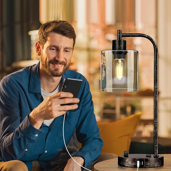 Set of 2 Industrial Table Lamps with USB Port, Rustic Black Fully Stepless Dimmable Bedside Lamps for bedrooms, Nightstand Desk Lamps with Clear Glass Shade for Reading Living Room Office 2 LED Bulb - Bloomnest