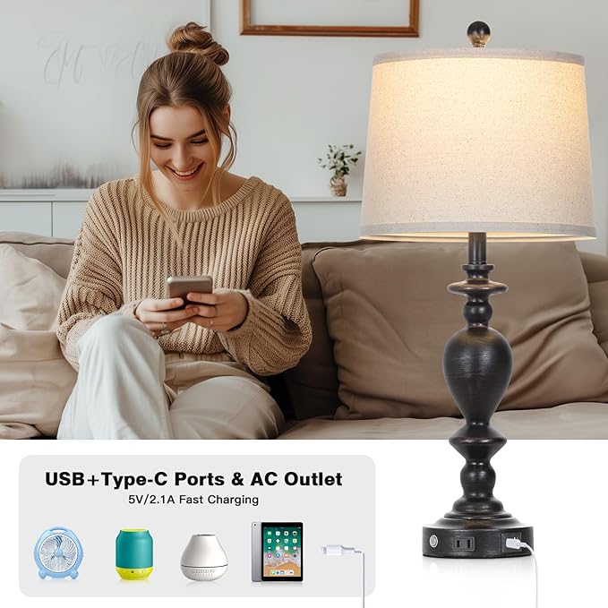 28" Black Farmhouse Table Lamps Set of 2 with USB C+A Ports & AC Outlet for Vintage Living Room Rustic Bedroom,3-Way Dimmable Touch Lamp Retro Resin Bedside Lamps for Nightstand Side Table - Bloomnest