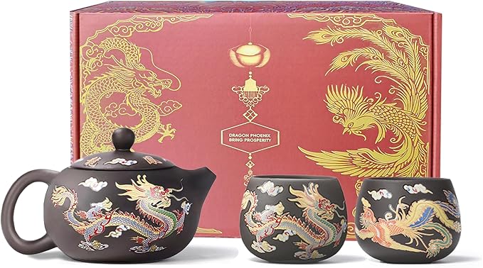 Hand-made Dragon and Phoenix Color-changing Purple Clay Teapot Zisha Tea Pot Kung Fu Tea Set Tea Lover‘s Gift (Teapot+2*Cups) - Bloomnest