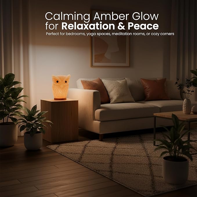 Himalayan Salt Lamp Owl Shape – 7 Inch High, 4.4 lbs, Hand-Crafted Natural Pink Rock Salt Lamp with Wooden Base & Dimmer Cable - Bloomnest