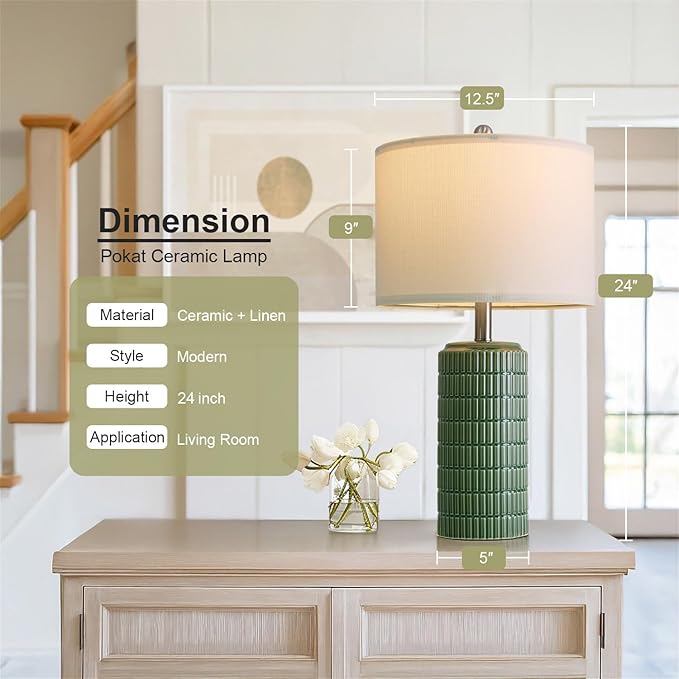 PoKat 23" Dark Green Ceramic Table Lamps Set of 2, Modern Table Lamps for Living Room, Farmhouse Lamps for Bedroom Night Stands, Traditional Nightstand Desk Decor Lamps - Bloomnest