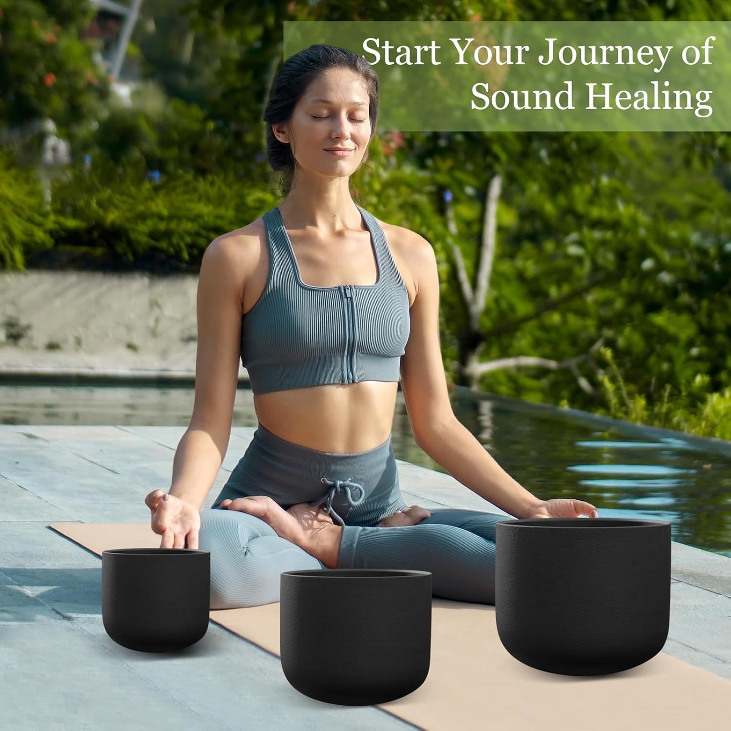 432HZ 7-11 Inch 3 Pcs Black Frosted Crystal Singing Bowl Set for Meditation Healing Yoga Chakra Quartz Crystal Sound Bowls with Heavy Duty Carry Cases and Rubber Mallet,Suede Striker,O-rings