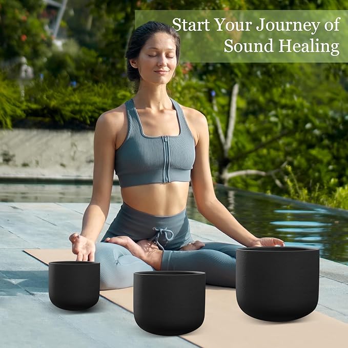 432HZ 7-11 Inch 3 Pcs Black Frosted Crystal Singing Bowl Set for Meditation Healing Yoga Chakra Quartz Crystal Sound Bowls with Heavy Duty Carry Cases and Rubber Mallet,Suede Striker,O-rings - Bloomnest
