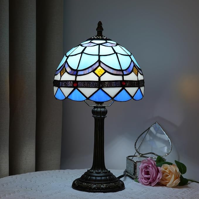Tiffany Lamp 8 Inch Small Stained Glass Table Lamp Blue Mediterranean Handmade Warm Reading Bedside Lamp Dining Room Bedroom Living Room Office Study Tiffany Style Retro Home Decoration Crafts（feath） - Bloomnest