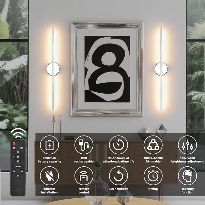 Battery Operated Wall Sconce Set of 2, Chrome 27.5" LED USB Rechargeable dimmable Wall Sconce with Remote Control, Rotate 350° for Living Room, Bedroom, Hallway and scones Lighting - Bloomnest