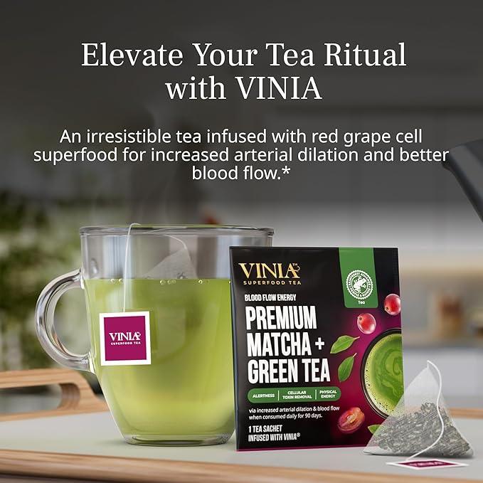 VINIA Premium Matcha + Green Tea Bags, Made with Organic Tea, Infused with Piceid Resveratrol for Heart Health, Nitric Oxide, Physical Energy, Alertness, Blood Flow, Keto, Kosher, NON-GMO. 30 Ct - Bloomnest