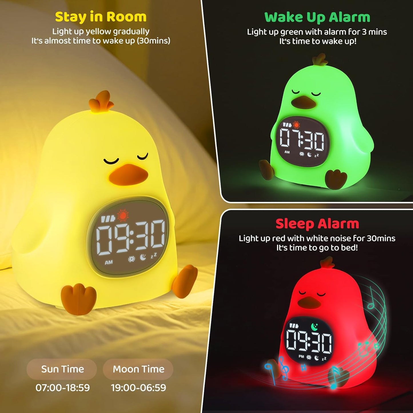 Sleepy Duck Alarm Clock with Night Light for Kids with Sleep Training and Sound Machine, Rechargeable Silicone Lamp OK to Wake Clock，Cute Animal Tabletop Lamp, Perfect Sleep Companion for Boys Girls