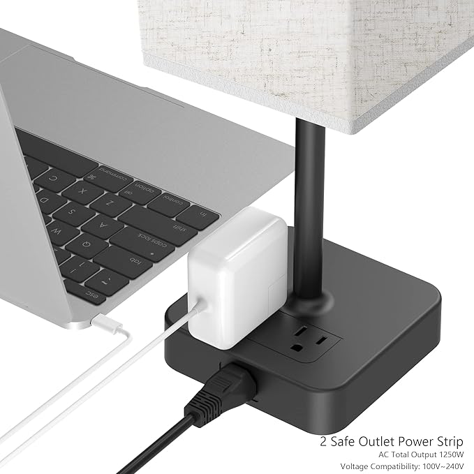 Touch Control Bedside Table Lamp with USB C & USB A Charging Port and 2 AC Outlet, Minimalist LED Desk Light with Charger Base Brown Fabric Shade for Bedroom/Nightstand/Office - Bloomnest