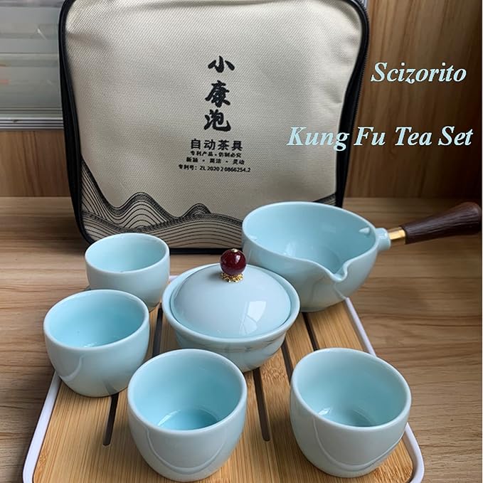 Ceramic Portable Travel Tea Set, Chinese Kungfu Tea Set with 360 Rotation Teapot and Infuser, 4 Tea Cups, Tea Tray And Travel Bag (Celadon Glaze)