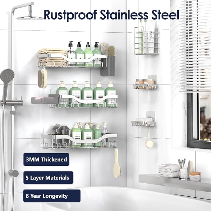 Shower Caddy Adhesive Shower Organizer 8-Pack, Rustproof Stainless Steel Bathroom Shelves, Large Capacity No-Drill Rack Storage Accessories with Soap Dish Toothbrush Holder Hooks - Bloomnest
