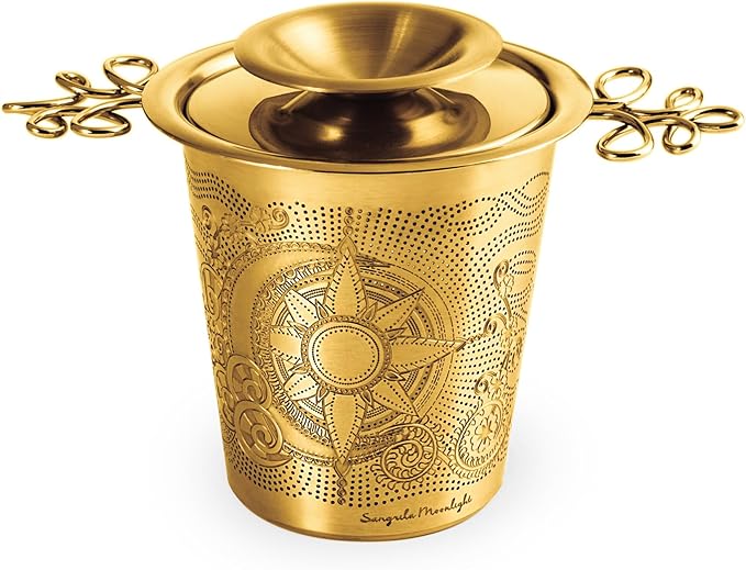 Luxury Tea Strainer Basket Gift Set - Gold Plated Infuser with Engraved Floral Motifs, Crystal Accent Chain for Loose Leaf Tea, Fine Mesh Filter & Ergonomic Handle