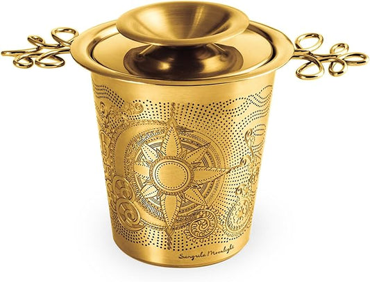 Luxury Tea Strainer Basket Gift Set - Gold Plated Infuser with Engraved Floral Motifs, Crystal Accent Chain for Loose Leaf Tea, Fine Mesh Filter & Ergonomic Handle