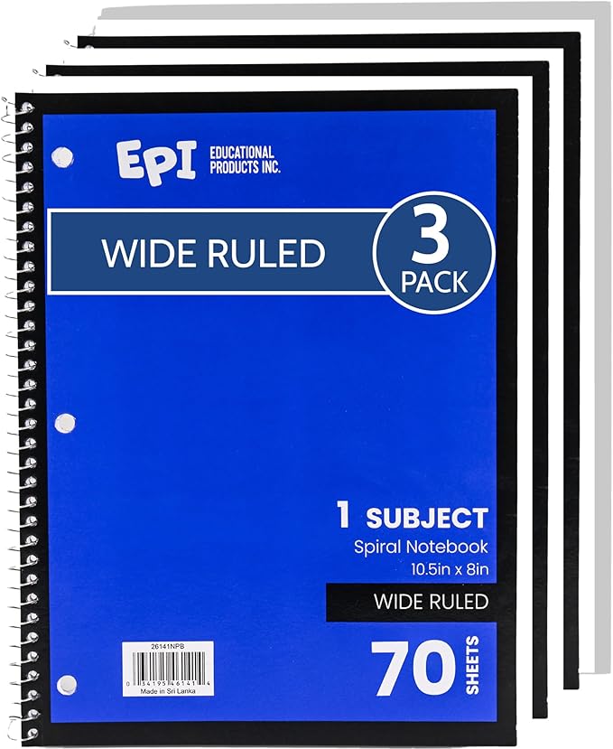 EPI Spiral Notebook | Wide - 70 Sheets, Durable Spiral Binding | 10.5 x 8 in | Classroom Supplies | School, Office, Note Taking, Journaling - 3 Pack - Bloomnest