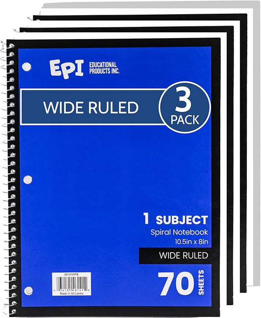 EPI Spiral Notebook | Wide - 70 Sheets, Durable Spiral Binding | 10.5 x 8 in | Classroom Supplies | School, Office, Note Taking, Journaling - 3 Pack - Bloomnest