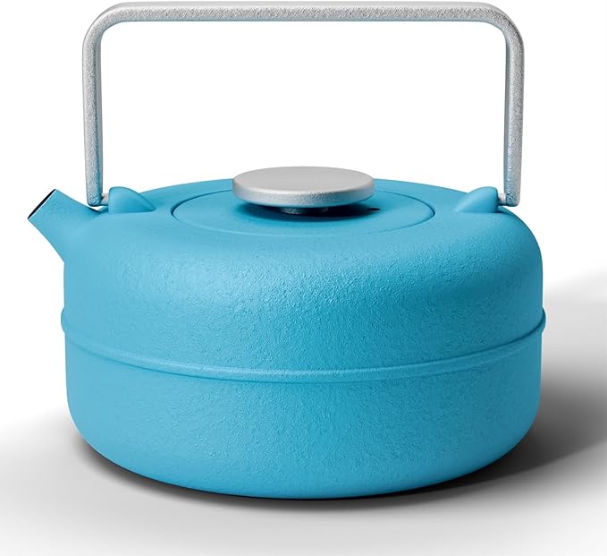 Toptier Teapot with Removable Infuser, Cast Iron Tea Kettle Stovetop Safe, Solid Geometry Cylinder Design Tea Pot Coated with Enameled Interior for 27 Ounce (800 ml), Blue - Bloomnest