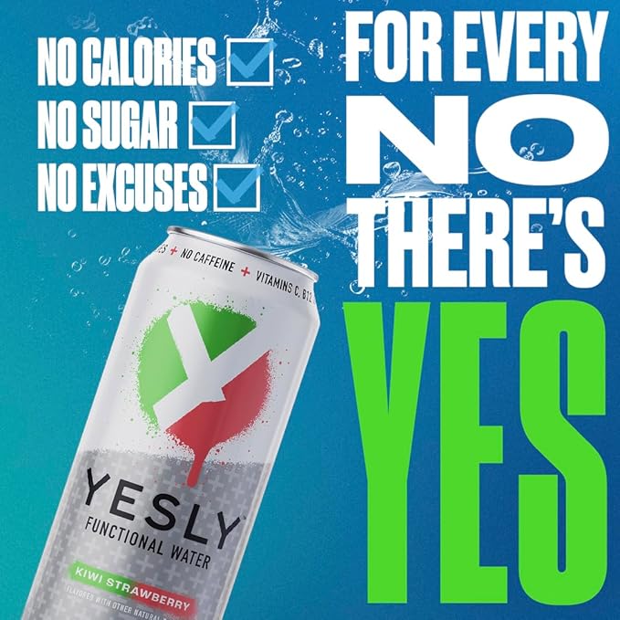 Yesly Functional Water, Kiwi Strawberry, Naturally Flavored Still Water with Electrolytes, Magnesium, Potassium, Vitamin C, B6 & B12, Zero Sugar, No Artificial Sweeteners, 16 Fl Oz Cans, 12 Pack