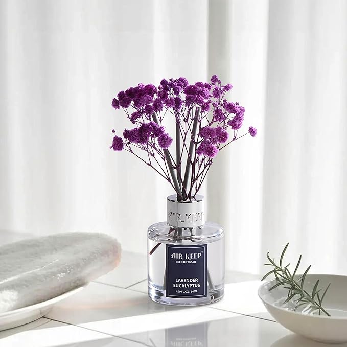 Airkeep Reed Diffuser Set,1.69 fl oz (50 ml) - Lavender Eucalyptus Oil Diffusers with 8 Reed Sticks,Home Fragrance Reed Diffuser for Bathroom Shelf Decor - Bloomnest