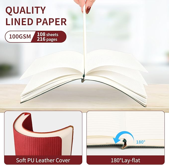 A5 Lined Notebook with Pen & Gift Box 216 Pages PU Leather Journals for Women Men 100GSM Thick Paper College Ruled Notebook for Christmas Gifts,School,Travel,Business,Work,Home Writing (Red) - Bloomnest