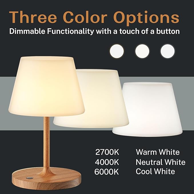 Cordless Lamp, 5000mAh Battery Operated Rechargeable Table Lamp with Power Bank, Touch Dimmable 3 Color Temperatures, IP44 Waterproof Shower Lamp for Kitchen, Bathroom, Indoor Or Outdoor Use 9.6in - Bloomnest