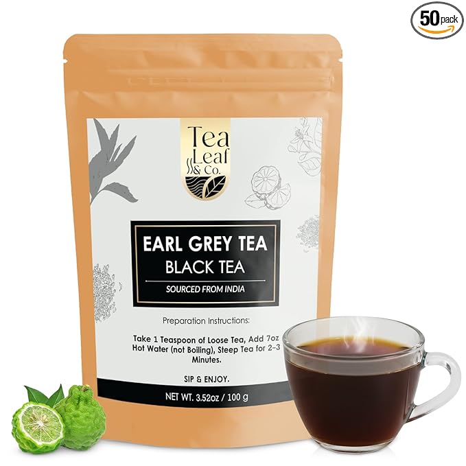 Tealeaf & Co. Earl Grey Black Tea Blended with Bergamot Extract (Loose Leaf Form) - Premium Sweet & Sour Flavored Tea - Contains Low Caffeine - Upto 50 Servings (3.52oz/100gm) - Bloomnest