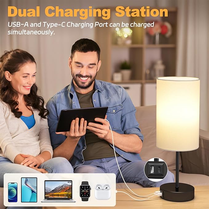 AKASUKI Table Lamp for Bedroom, 3 Way Dimmable Touch Lamp with Dual Charging Station, Small Bedside Lamps for Night Stands, Living Room, Office(LED Bulb Included) - Bloomnest
