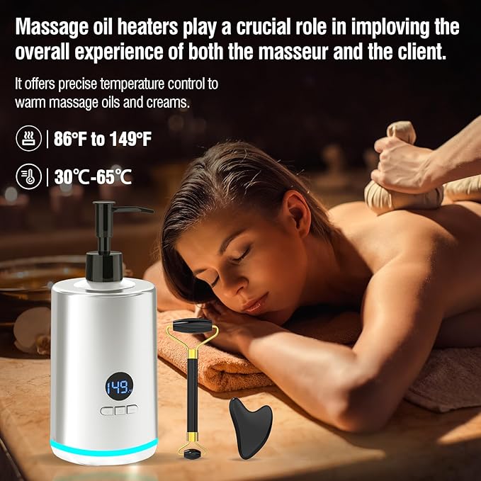 Massage Oil Lotion Warmer, Massage Oil Heater for SPA Massage Therapy and Personal Use, Portable Body Oil Warmer Dispenser with Two Massage Bottles, Adjustable Temperature(86-149°F), Silver - Bloomnest