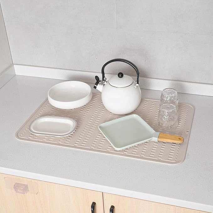 Silicone Dish Drying Mat for Multiple Usage,Easy clean,Eco-friendly,Heat-resistant Silicone Mat for Kitchen Counter or Sink,Refrigerator or Drawer Liner Tapioca 3XL 28 inches x 18 inches - Bloomnest