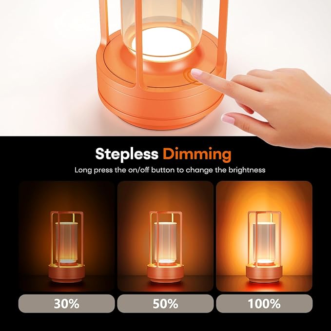 Portable Metal Table Lamp for Indoor/Outdoor ,Rechargeable Cordless LED Lamp, 3-Colour Infinitely Dimming Battery Powered Small Desk Lamp, Restaurant/Bedroom/Bar/Coffee Shop/Camping Light (Orange) - Bloomnest