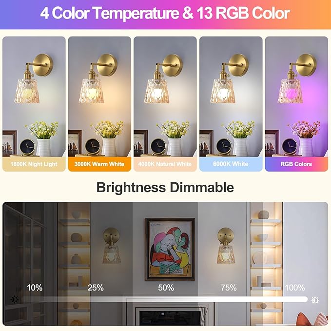 2 Pack Vintage Battery Operated Wall Sconces with Amber Glass Shade, Wireless Rechargeable RGB Wall Light, Remote Control & 180 Degree Adjustable, for Bedroom Living Room Hallway Aisle - Bloomnest