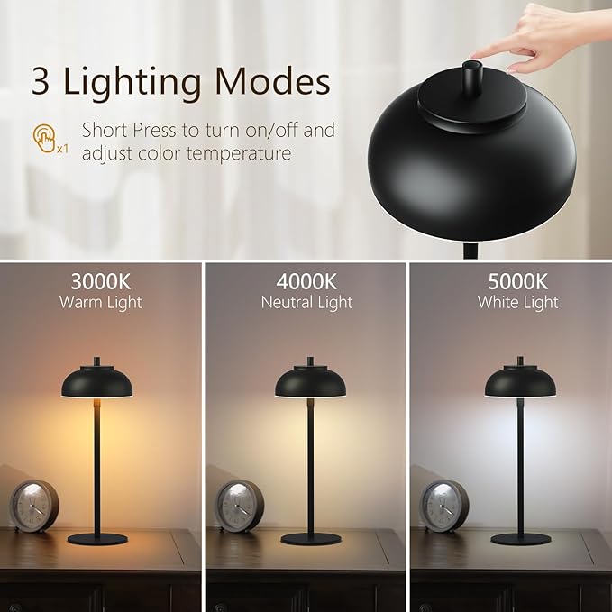 Cordless Table Lamps Rechargeable - 5000mAh Battery Operated Table Lamp, 3 Color Stepless Dimming Portable LED Table Light for Restaurant/Bedroom/Bars/Cafe/Outdoor/Camping(Black 2 Pack) - Bloomnest