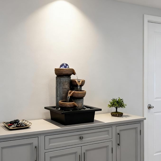 Soothing 4-Tier Tabletop Fountain with led Crystal Ball - Indoor Waterfall Fountain for Desk, Perfect Zen Decor for Office, Home, or Gift, Featuring Quiet Pump and Compact Design GIDITA